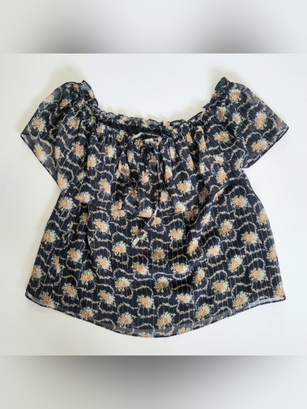 Club Monaco Silk Floral Off Shoulder Blouse Navy Peasant Top Size S